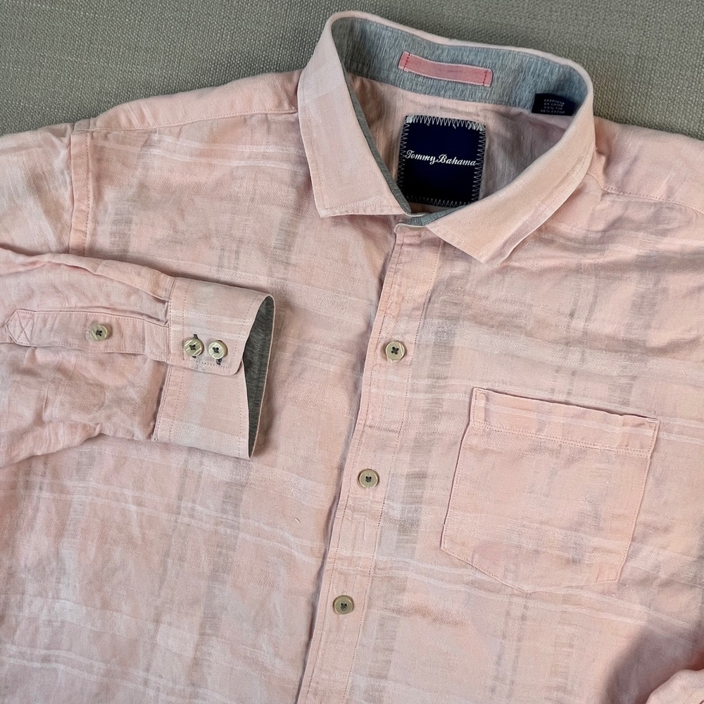 Tommy Bahama Button Down Shirt Mens Large Pink Linen Cotton Blend Striped